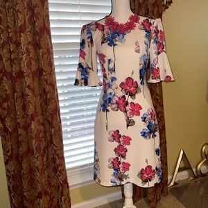 Julian Taylor Ribbed Floral Bell Sleeve Dress